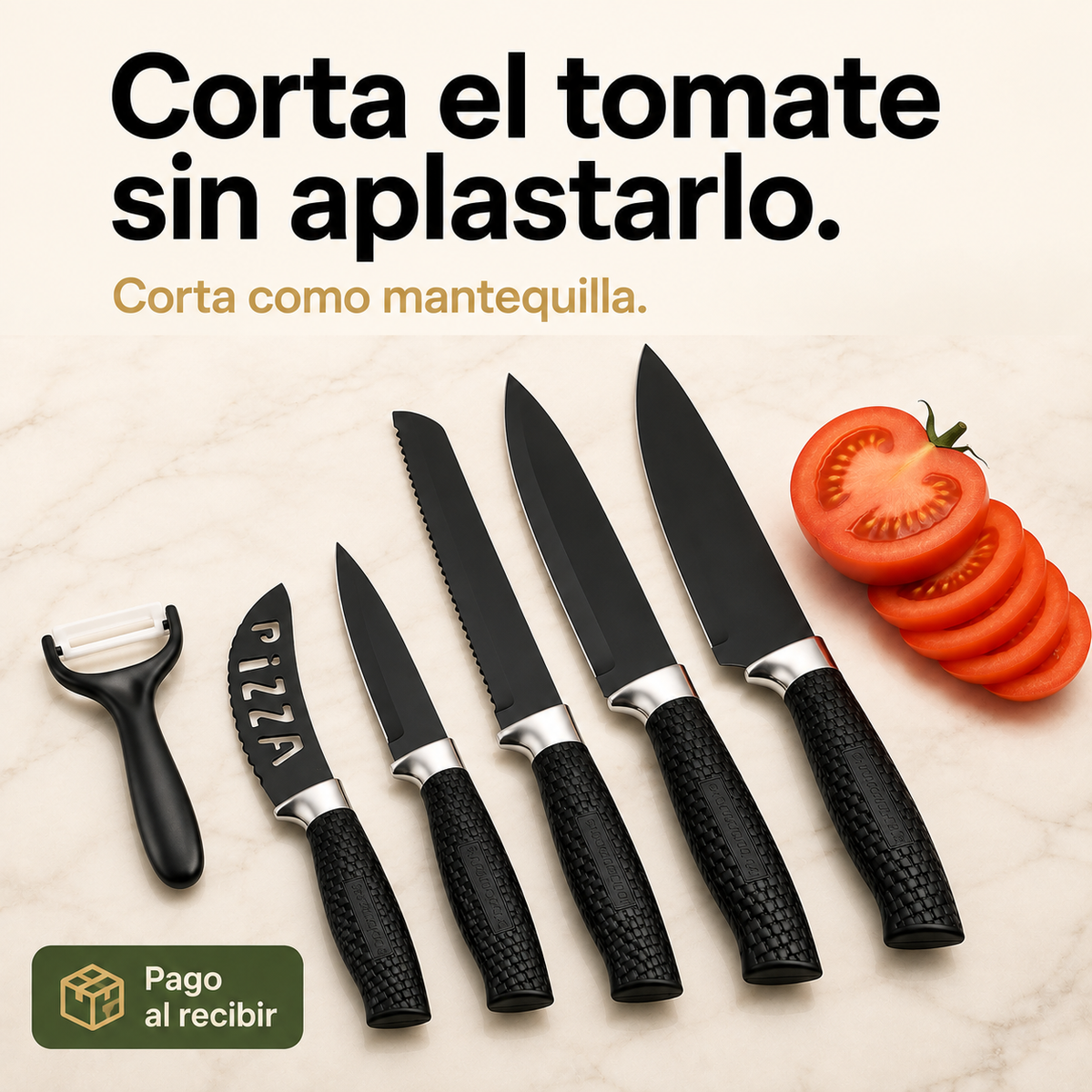 Juego 6 Cuchillos Profesionales Negros + Pelador. Corta como un chef